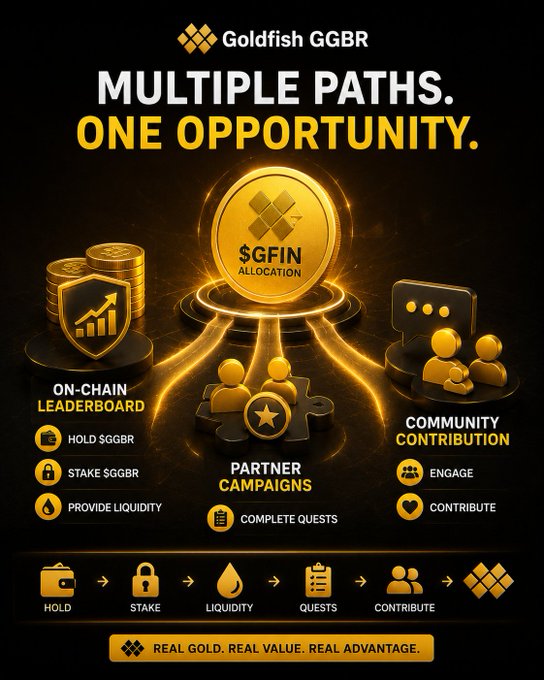 A promotional graphic for 'Goldfish GGBR' features a central gold coin labeled '$GFIN ALLOCATION' and outlines 'MULTIPLE PATHS. ONE OPPORTUNITY.' including an 'ON-CHAIN LEADERBOARD', 'PARTNER CAMPAIGNS', and 'COMMUNITY CONTRIBUTION'.