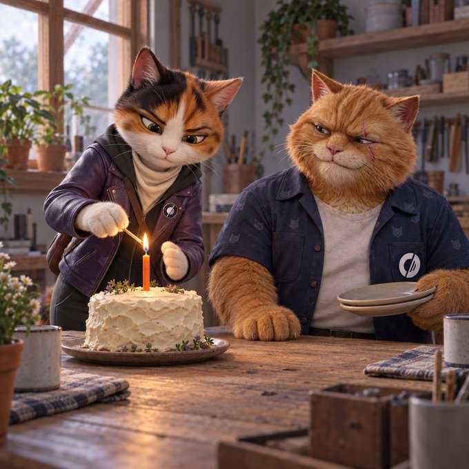 Two anthropomorphic cats celebrate a milestone at a workshop table—one calico lighting a candle on a small cake while an orange cat in a blue shirt holds an empty plate, symbolizing the anniversary of USX, YieldVault, and SLX launching on Solana.