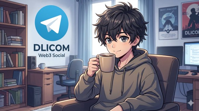 The image features a young man sitting in a chair, holding a cup of coffee while looking at his computer screen. The background shows a bookshelf filled with various books, suggesting that he might be working or studying from home. The text "Dlicom Web3 SocialFi" is visible on the image, which could potentially be related to the Web3 SocialFi app being advertised in the post.