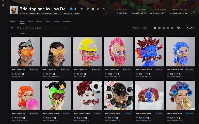 The image shows the Bricktopians by Law De NFT collection on OpenSea, displaying a grid of pixelated character portraits with various traits and prices, currently with a floor price of 0.05 ETH and total volume of 3,651.32 ETH. This relates to the post about joining as a holder at a specific trading value, showcasing the collection's marketplace where users can browse and purchase these unique brick-built avatar NFTs.