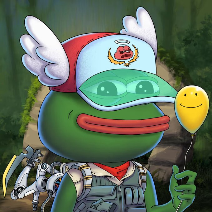 A digital illustration of a green cartoon frog character wearing a winged cap with an angry red emblem, holding a yellow smiley-face balloon, with a small robot beside it.