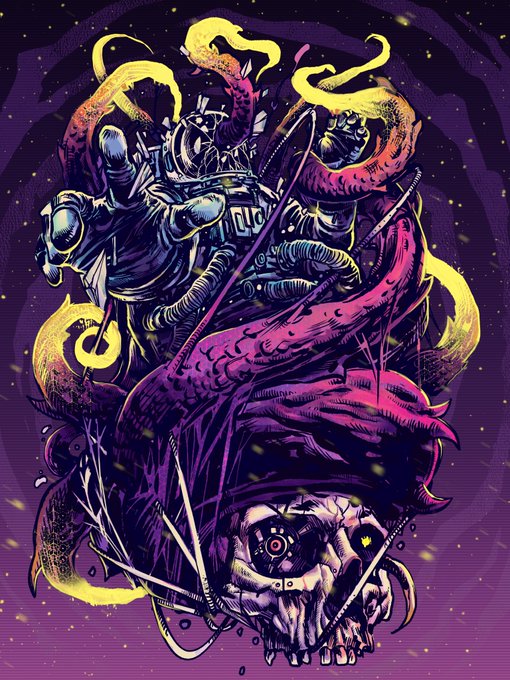 A vibrant purple and yellow comic-style illustration of a cyborg character with a large skull at the base and flames swirling around them.