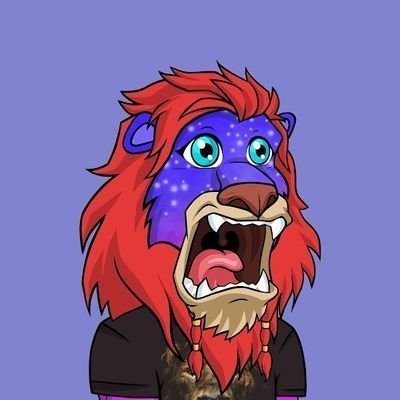 A cartoon NFT-style illustration shows a roaring lion with a red mane and a starry purple cosmic face, wearing a dark shirt against a lavender background.