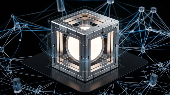 A glowing white cube encased in a metallic frame, sitting on a black surface surrounded by a network of interconnected blue lines and nodes.