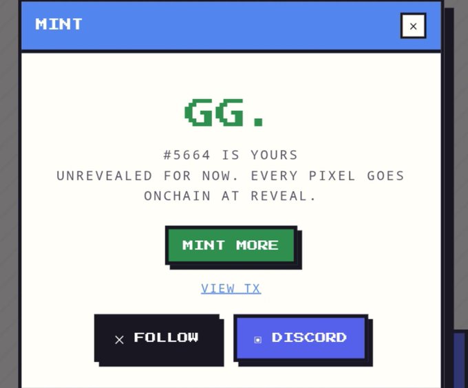 The image shows a pop-up window titled "MINT" confirming a successful mint of NFT #5664 with the message "UNREVEALED FOR NOW. EVERY PIXEL GOES ONCHAIN AT REVEAL," featuring options to "MINT MORE," "VIEW TX," and buttons to follow or join Discord. This relates to the post by @scriptkiddiesRH celebrating their mint of an NFT from a project on the consumer chain, marking the user's successful participation in the minting process.