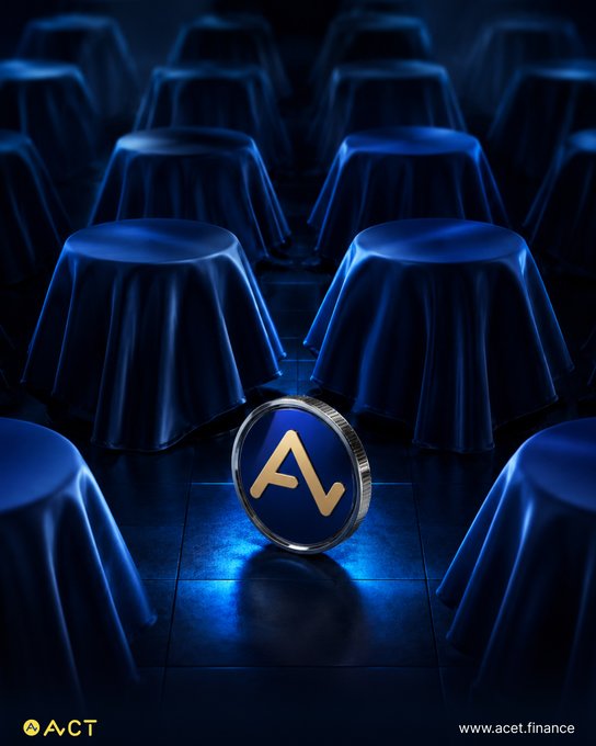 A promotional image for ACET Finance features a gold AVCT coin emblem in front of rows of chairs draped in blue cloth, with the website www.acet.finance.