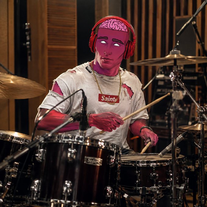 A pink-skinned figure with an exposed brain and glowing white eyes, wearing a white 'Saints' t-shirt and red headphones, playing a drum set.