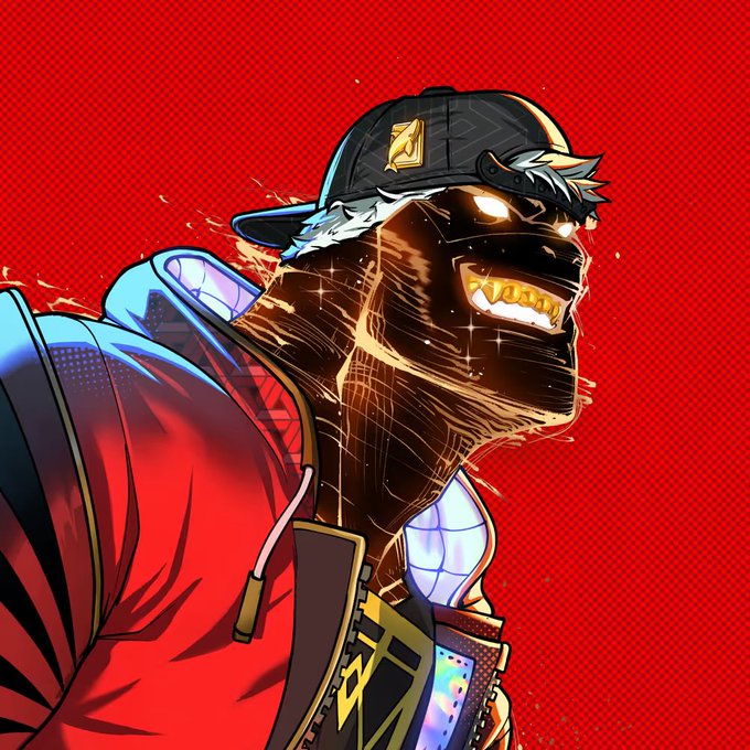A stylized digital illustration of a man wearing a red jacket, a cap with a gold 'A' logo, and gold teeth, set against a vibrant red background.