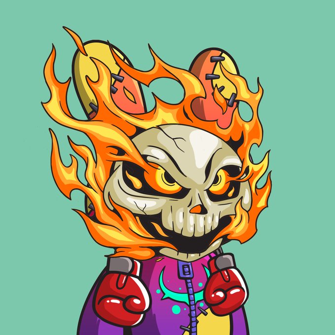 A cartoon skull character with glowing orange eyes is engulfed in flames and has two broken red boxing gloves against a teal background.