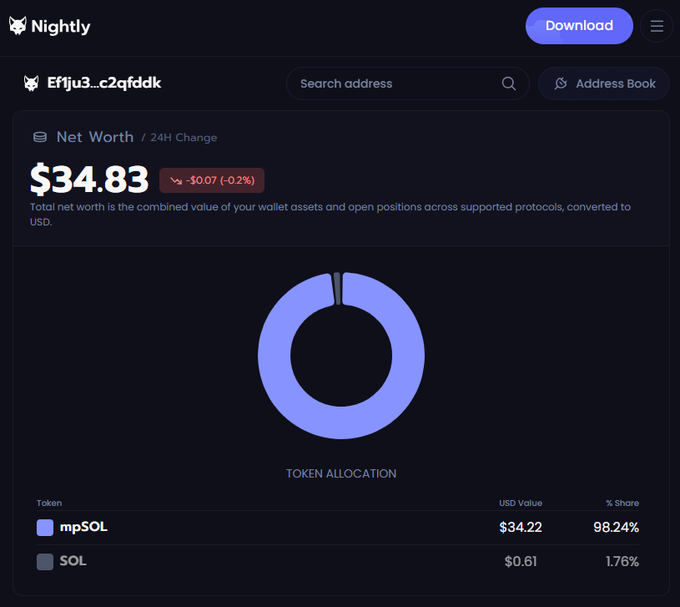 The image features a website called "@Nightly_app", which has been linked to by a person for staking. The post suggests that they have just completed a $SOL (stake) of 0.86 US Dollars, also known as $SOL, and are now tracking their assets using the @meta_pool Portfolio feature on the app. Staking pays off when you can receive token allocation in exchange for your invested cryptocurrency tokens. It is essential to monitor this portfolio regularly because the market may be unpredictable; however, staking rewards will keep stacking every day.