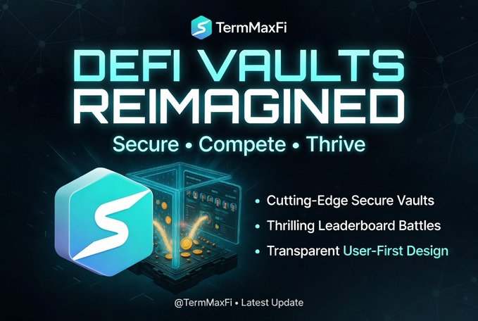 The focus of this image is TermMaxFi's DeFi Vaults Reimagined, which is an update for the existing vault system. The image shows a 3D rendering of a vault with a screen displaying its features, such as cutting-edge security vaults and leaderboard battles. The post highlights that TermMaxFi has set itself apart from competitors in the rapidly evolving DeFi landscape by offering a cutting-edge vault system that provides users with flexibility and security for managing their digital assets.