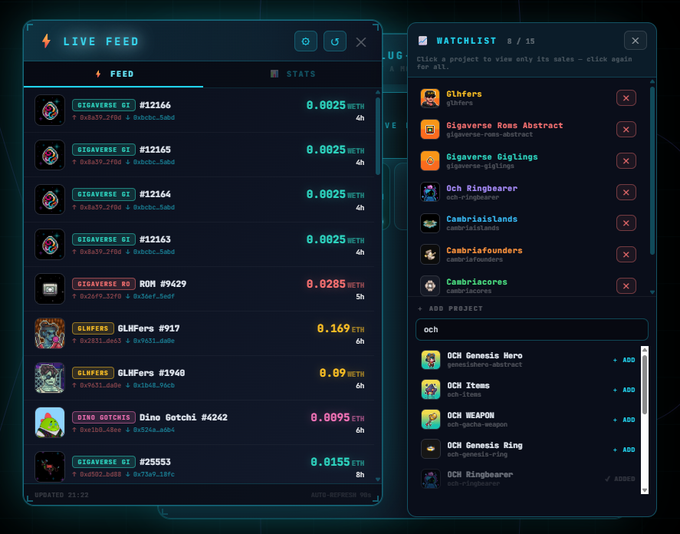 A cryptocurrency dashboard interface displaying a 'LIVE FEED' of NFT sales and a 'WATCHLIST' featuring projects like Gigaverse, OCH, and Cambrialands.