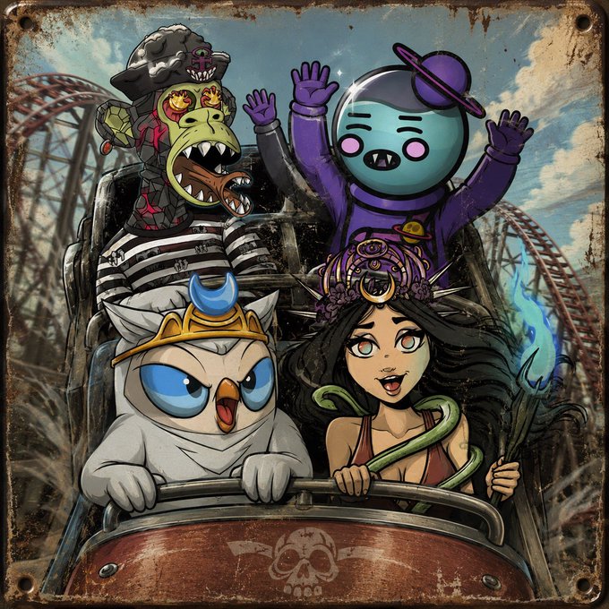 Four stylized cartoon characters—including a purple astronaut-like figure, a rock-headed creature, a white owl wearing a golden crown, and a dark-haired woman with a serpent staff—ride a rusted roller coaster car adorned with a skull, set against an abandoned amusement park backdrop. The image's "WAGMI" survivor mentality is reflected in the small crew of characters holding on through a decrepit, broken-down ride, mirroring the post's message about enduring the NFT market downturn with a handful of remaining believers.