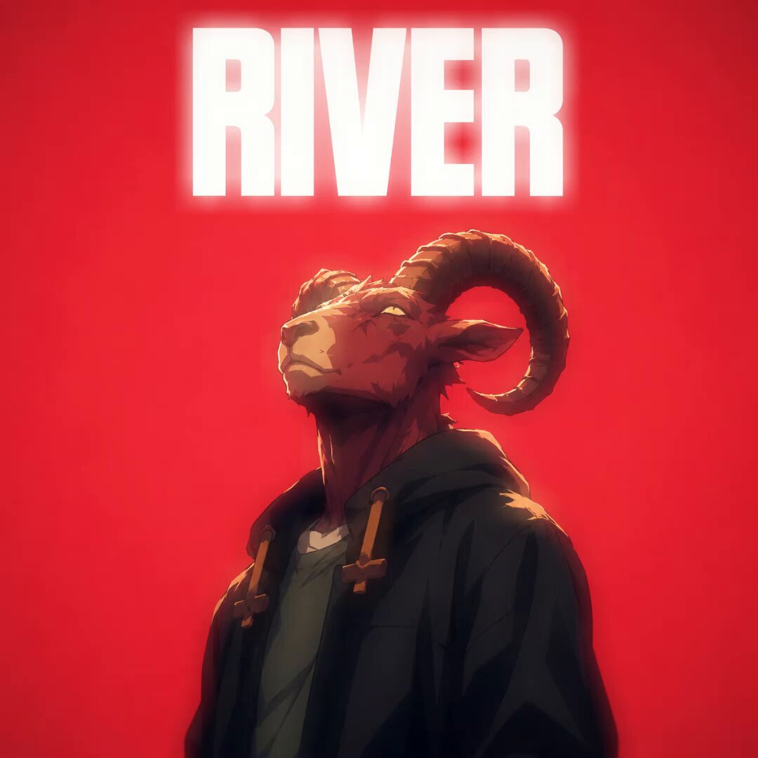 The image features a man with a ram's head, dressed in black clothing with an orange shirt underneath. The red background creates a dramatic contrast that makes the man stand out. There are other descriptions of him and similar outfits but not as prominent as his ram's head appearance. The focus is on this unique individual and how he looks against the vibrant red backdrop.