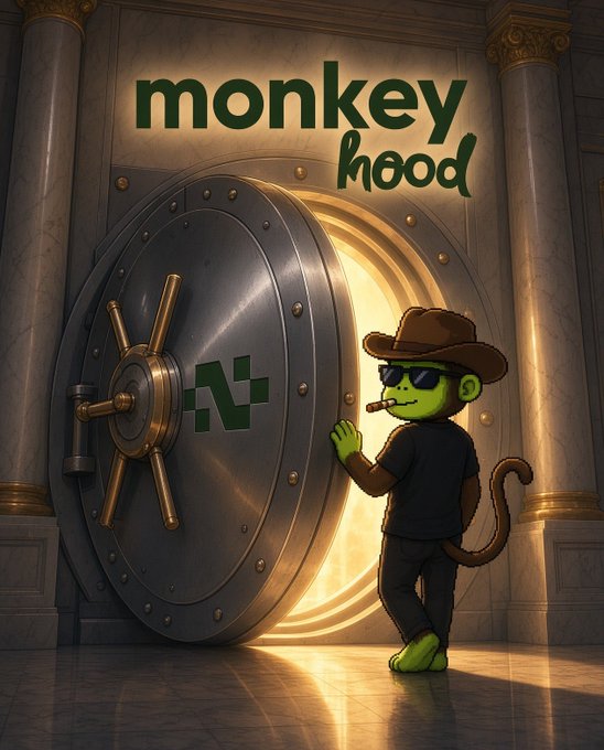A green monkey wearing a cowboy hat, sunglasses, and a cigar stands beside a massive gold vault door, with the "monkeyhood" logo displayed above. The image ties directly to the post's promotion of the $NOTHING token sale on raise.monkeyhood.club, using the vault imagery to symbolize the limited-time "IPO Papers" access closing at 16:00 UTC once $187,000 in commitments are finalized.