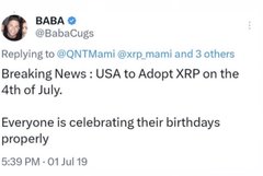 This image shows a tweet from @BabaCugs announcing "Breaking News: USA to Adopt XRP on the 4th of July." The post ties into the tweet by mentioning July 4th as both Independence Day and "Alice in Wonderland Day," implying a celebratory and potentially whimsical context for the "adoption" of XRP.