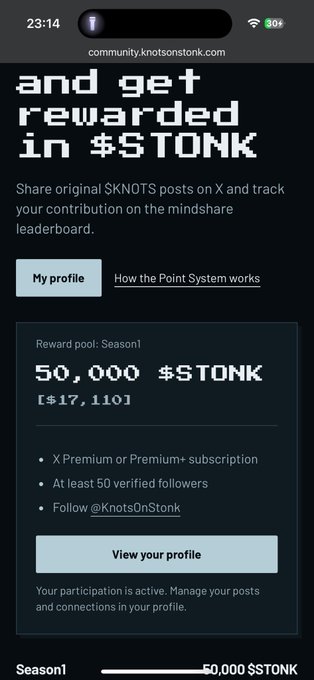 A mobile screenshot from community.knotsonstonk.com displays a Season 1 reward pool of 50,000 $STONK valued at $17,110, along with participation requirements (X Premium subscription, 50 verified followers, and following @KnotsOnStonk), supporting the post's claim that the $STONK reward pool has grown to around $17K with limited time remaining.
