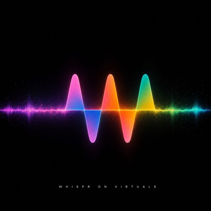 A vibrant audio waveform visualization with rainbow-colored waves and the text 'WHISPR ON VIRTUALS' at the bottom.