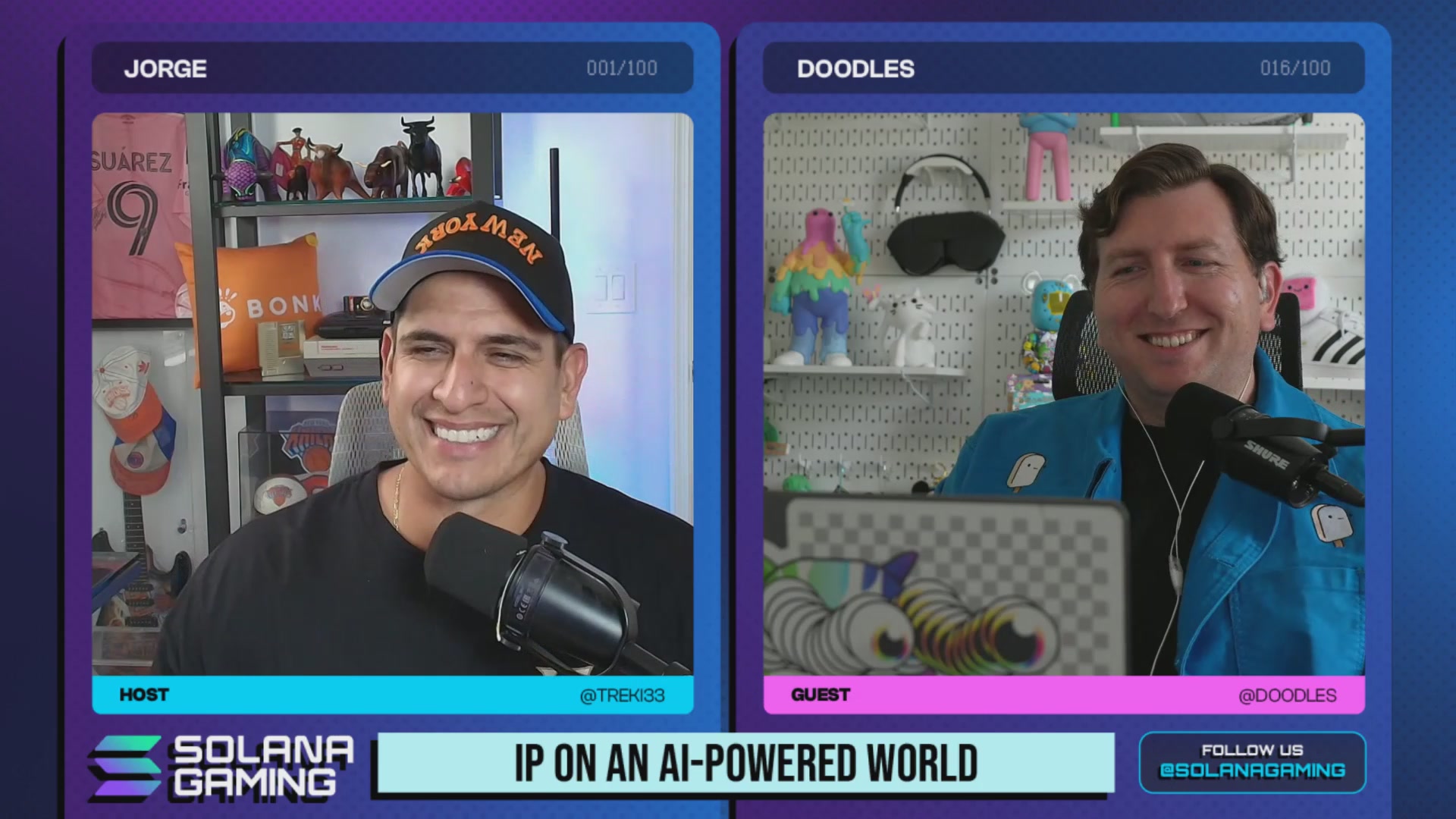 The image features a podcast interview with two men, one wearing a blue jacket and hat and the other wearing an orange shirt and hat. They are both smiling at the camera while holding microphones. The background of the image shows various objects such as a laptop, a guitar, and a teddy bear. There is also text in the image that reads "I on an AI powered world" and "Podcasting @doodles & @doodlifts".