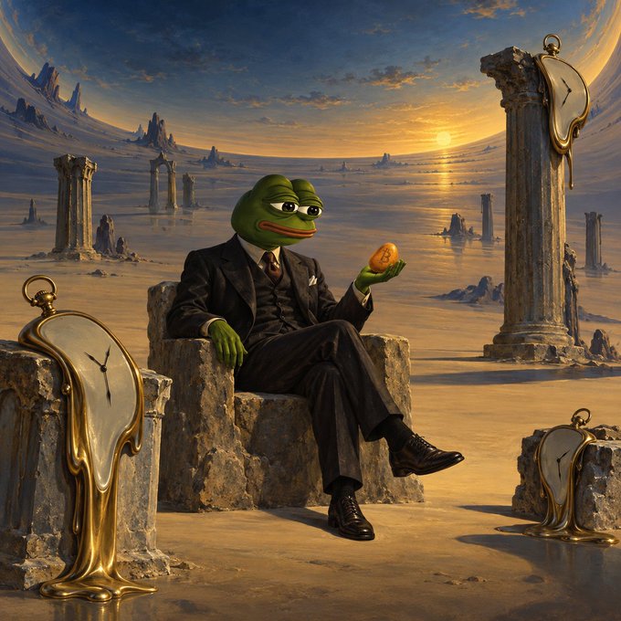 A surreal illustration of a humanoid frog wearing a formal black suit and tie, sitting on stone ruins and holding a golden object, surrounded by melting golden clocks in a desert landscape.