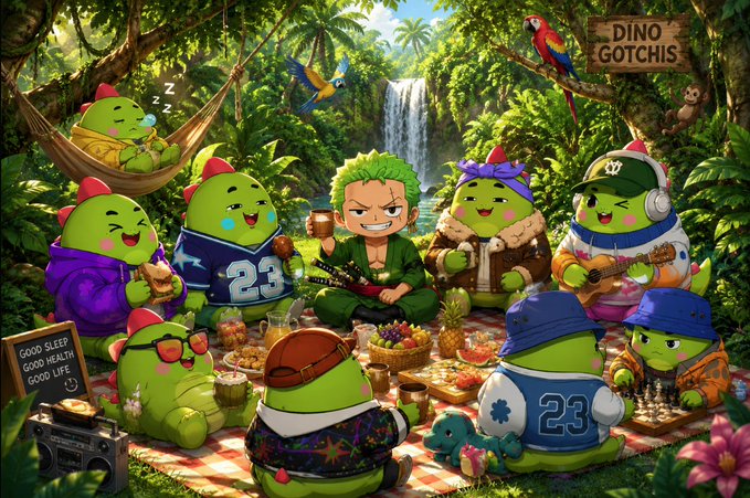 The image features a cartoon character named #NFT (Not From This World) who has been holding an NFT for quite some time. The character is surrounded by other characters, including a green frog, a green dinosaur, and a green fish. They are all sitting around a picnic blanket in what appears to be a jungle setting with trees and plants surrounding them. The post emphasizes the importance of focusing on the NFT rather than solely concentrating on earning more points through daily activity.