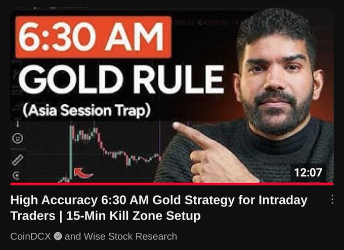 A YouTube thumbnail titled "6:30 AM GOLD RULE (Asia Session Trap)" featuring a man pointing at a candlestick chart, promoting a video on a "High Accuracy 6:30 AM Gold Strategy for Intraday Traders | 15-Min Kill Zone Setup" from CoinDCX and Wise Stock Research—aligning with the post's message about refining gold trading strategies for the CoinDCX platform.