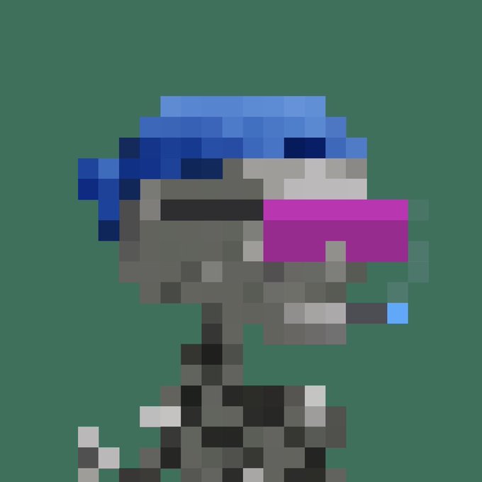 Pixel art illustration of a character with blue hair wearing dark sunglasses with pink/magenta lenses, set against a solid green background.