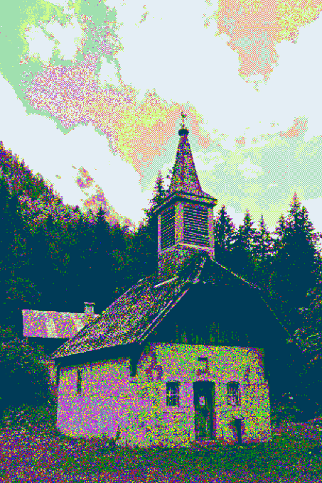 A stylized, color-overlaid image of an old stone church with a tall steeple, set against a forested hillside under a cloudy sky.