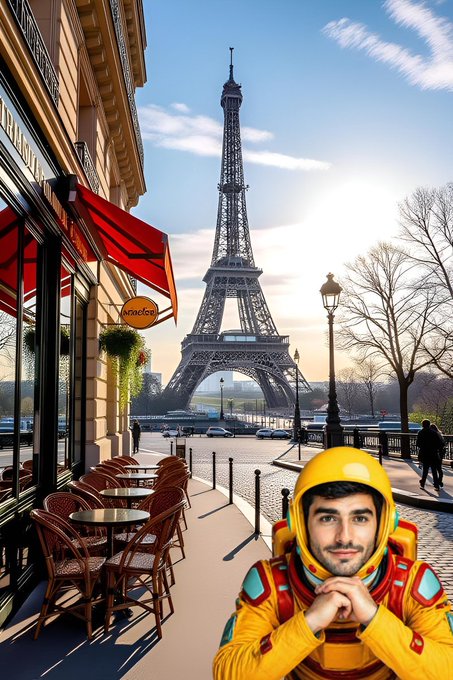 A digitally edited composite image showing a person wearing a yellow astronaut/sci-fi helmet and suit posed in front of the Eiffel Tower in Paris, with a sidewalk café featuring red awnings and wicker chairs on the left side.
