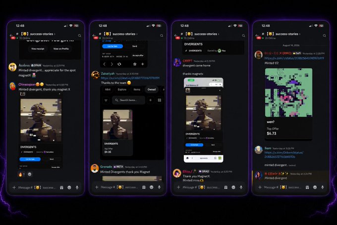 Four side-by-side smartphone mockups displaying Telegram chat screenshots from a 'success-stories' channel, showing users discussing NFT mints including DIVERGENTS and mentions of 'minted divergent' and 'Minted V2'.