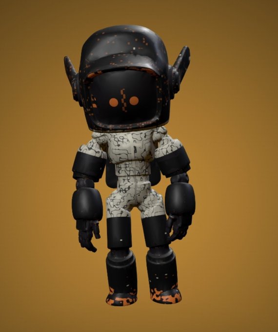 A 3D-rendered robotic figure with a black and white patterned body, black helmet with an orange digital face, and worn details stands against an orange backdrop.
