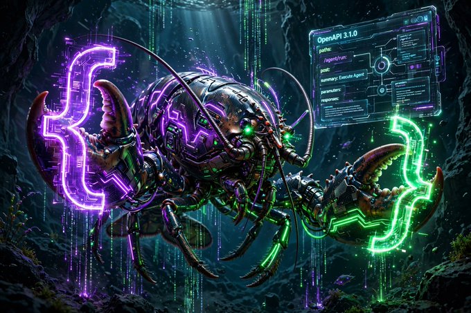 A cyberpunk-style digital artwork features a robotic creature with glowing green eyes and claws, surrounded by neon purple and green circuitry, with a holographic interface displaying 'OpenAPI 3.1.0' in the upper right corner.