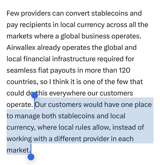 A text excerpt discussing stablecoin conversion and fiat payouts across global markets, mentioning Airwallex's operations in more than 120 countries, with a section highlighted.