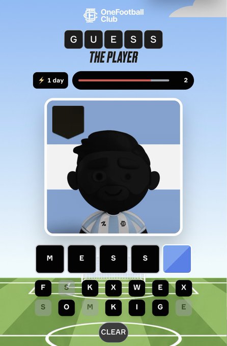 A OneFootball Club 'Guess The Player' word puzzle game showing a silhouette of a player in an Argentina jersey with available letters M, E, S, S already placed.