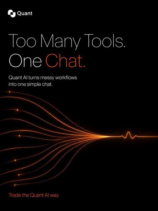 The image features a poster with an orange line that says "Too many tools. One chat." The poster also has a quote from Quaint AI about trading. It seems like there's some sort of advertisement or promotional material for Quaint AI, which is focused on simplifying and streamlining the trading process using artificial intelligence technology.