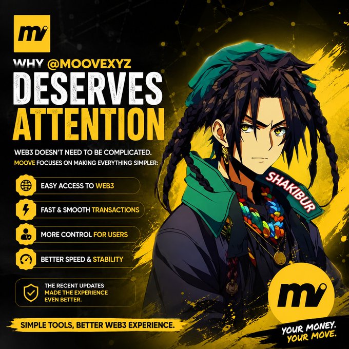 An anime-style promotional graphic with text 'WHY @MOOVEXYZ DESERVES ATTENTION', highlighting features like 'EASY ACCESS TO WEB3', 'FAST & SMOOTH TRANSACTIONS', and 'BETTER SPEED & STABILITY', featuring a character labeled 'SHAKIBUR'.