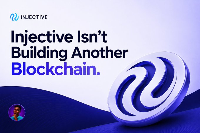 A promotional graphic for Injective blockchain reads 'Injective Isn't Building Another Blockchain.' in bold black and blue text alongside a 3D blue logo.
