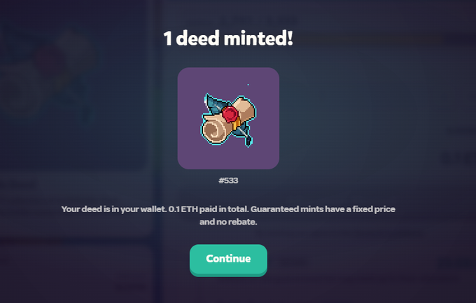 A digital confirmation screen showing '1 deed minted!' with a pixel art character icon labeled '#533', indicating 0.1 ETH was paid for the NFT transaction.