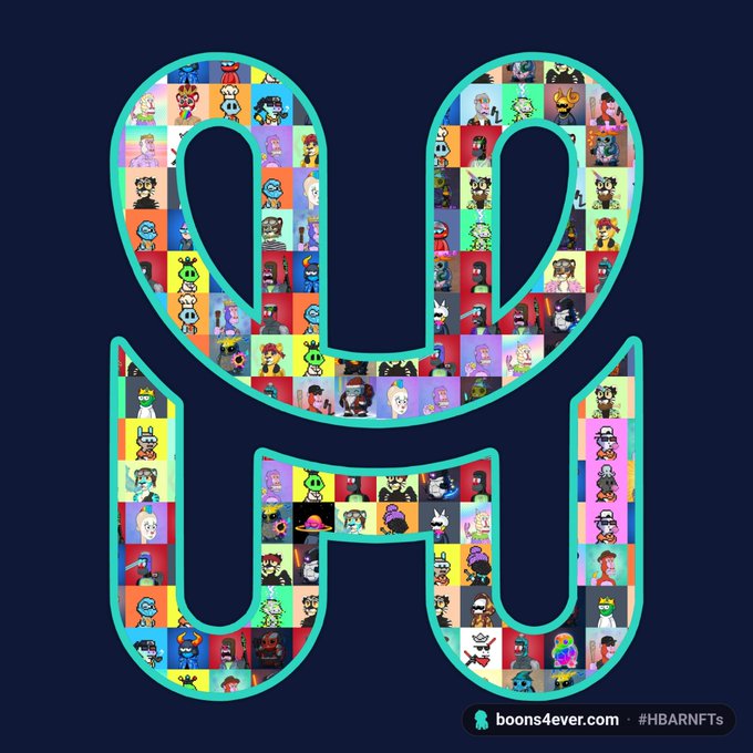 A digital artwork on a dark blue background featuring a stylized logo shape filled with a grid of colorful NFT character illustrations, credited to 'boons4ever.com' with the hashtag '#HBARNFTs' in the corner.