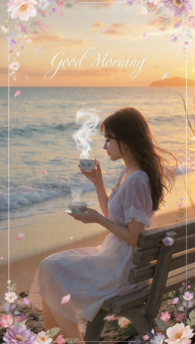 A 'Good Morning' illustration of a woman in a white dress sitting on a wooden bench at the beach, holding two steaming teacups, framed by decorative flowers and falling petals.