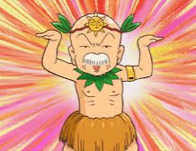 Anime-style illustration of a muscular tribal character with a leafy necklace and grass skirt posing against a bright pink and yellow radiating background.