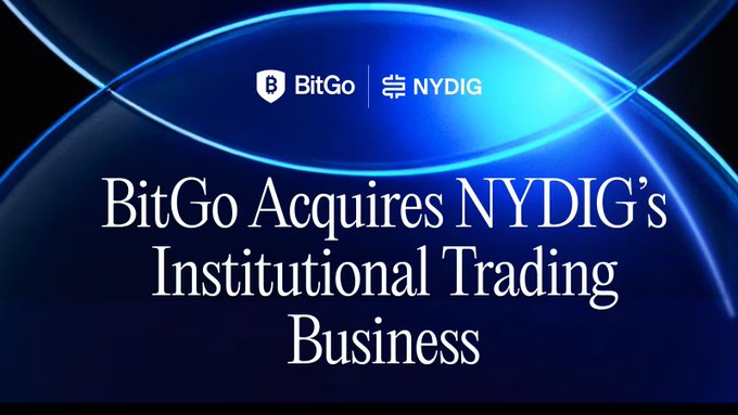 The image is a promotional graphic with a dark blue background featuring flowing light curves, displaying the BitGo and NYDIG logos at the top, with the headline text "BitGo Acquires NYDIG's Institutional Trading Business" prominently featured in white serif font. The graphic directly supports the accompanying post by visually announcing the acquisition and highlighting BitGo's expansion of its institutional digital asset services through the addition of NYDIG's trading capabilities.