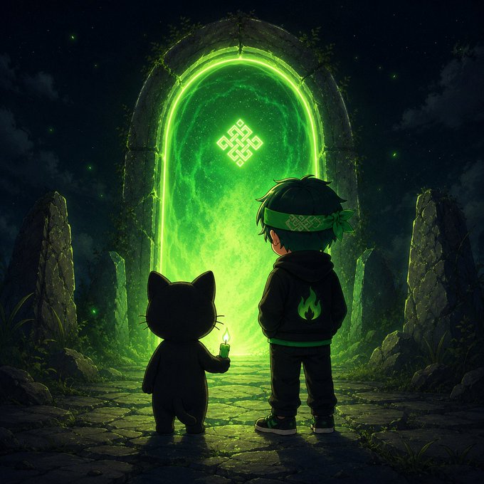 An anime-style illustration shows a boy with a green headband and a black cat holding a candle, standing before a glowing green mystical portal adorned with a Celtic knot symbol.
