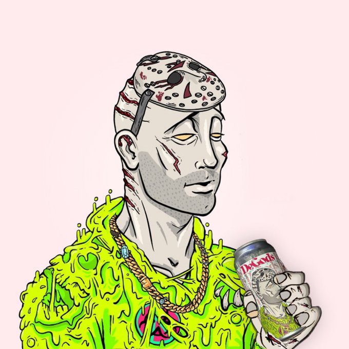 A digital illustration of a zombie-like figure wearing a hockey mask and a dripping neon-green hoodie, holding a can of 'Desperados' beer.