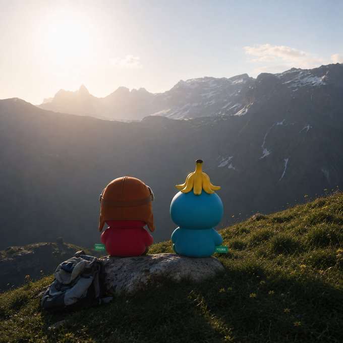 Two toy figures, one wearing an orange aviator cap and another topped with a banana, sit on a rock overlooking snow-capped mountains at sunset.