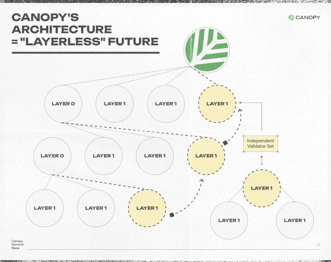 The image is a slide titled "CANOPY'S ARCHITECTURE = 'LAYERLESS' FUTURE" by Canopy, showing a diagram of interconnected nodes labeled "LAYER 0" and "LAYER 1" alongside an "Independent Validator Set," illustrating how Canopy blends L1 and L2 solutions to eliminate the trade-offs between restrictive Layer 2s and costly independent Layer 1s—directly addressing the post's complaint about Web3's infrastructure bottleneck.