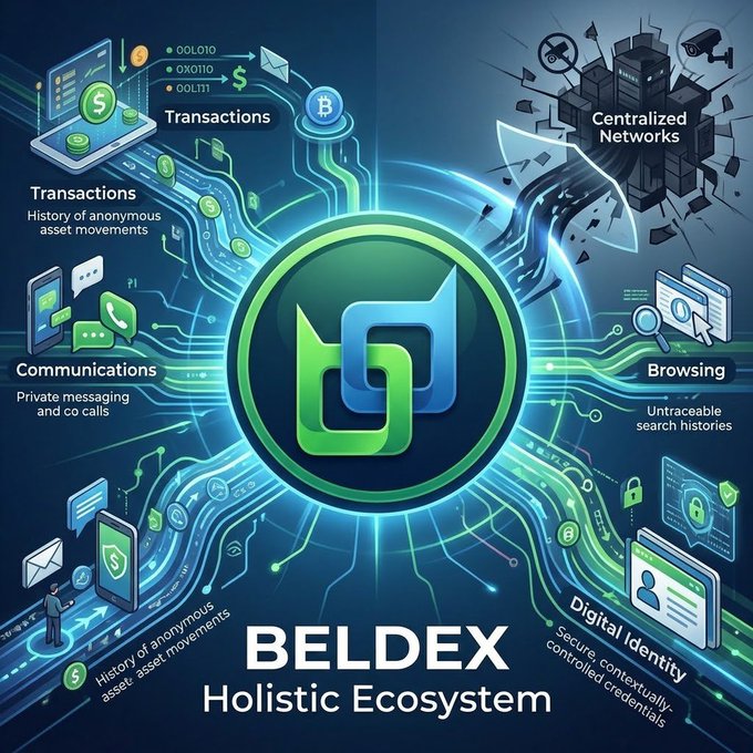 An infographic titled 'BELDEX Holistic Ecosystem' illustrates various privacy-focused features like transactions, communications, browsing, and digital identity connected to a central chain logo.