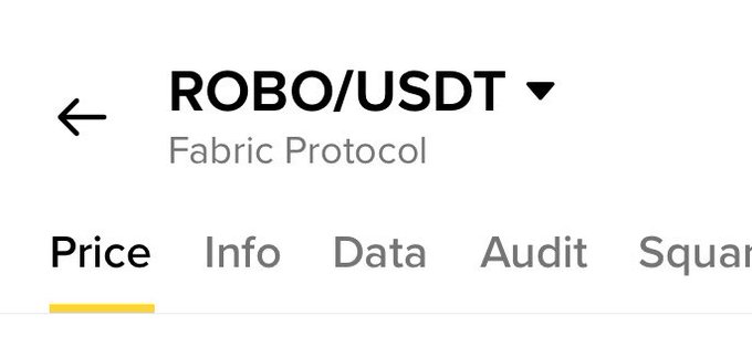 The image shows a cryptocurrency trading page header for the ROBO/USDT trading pair on Fabric Protocol, with the "Price" tab selected. It relates to the post by displaying the ROBO/USDT ticker where the recent surge in trading volume is being highlighted.