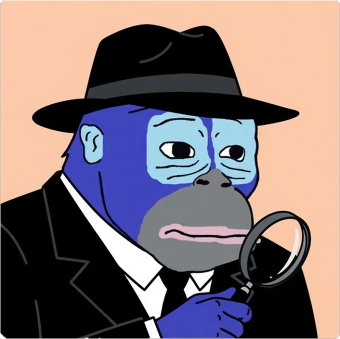 A cartoon illustration of a blue-skinned gorilla character wearing a black fedora and suit, holding a magnifying glass.