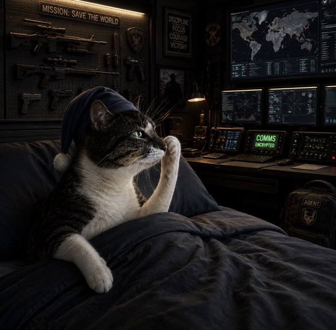 A cat wearing a blue nightcap sits on a bed in a dimly lit room with a wall displaying various firearms under 'MISSION: SAVE THE WORLD' and multiple computer monitors showing encrypted comms.